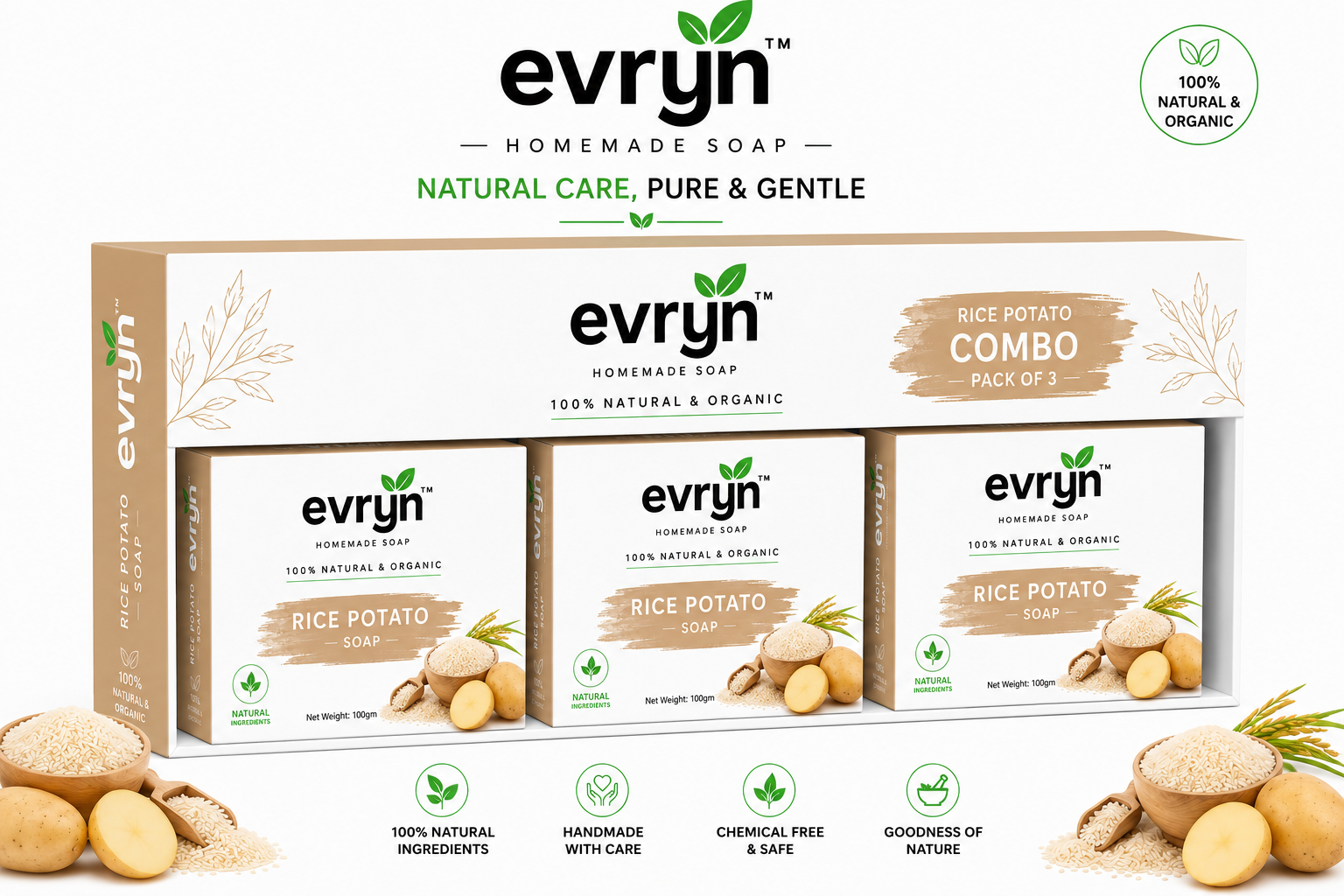 Combo of 3 - Rice Potato Soap with Aloe Vera & Cow Milk