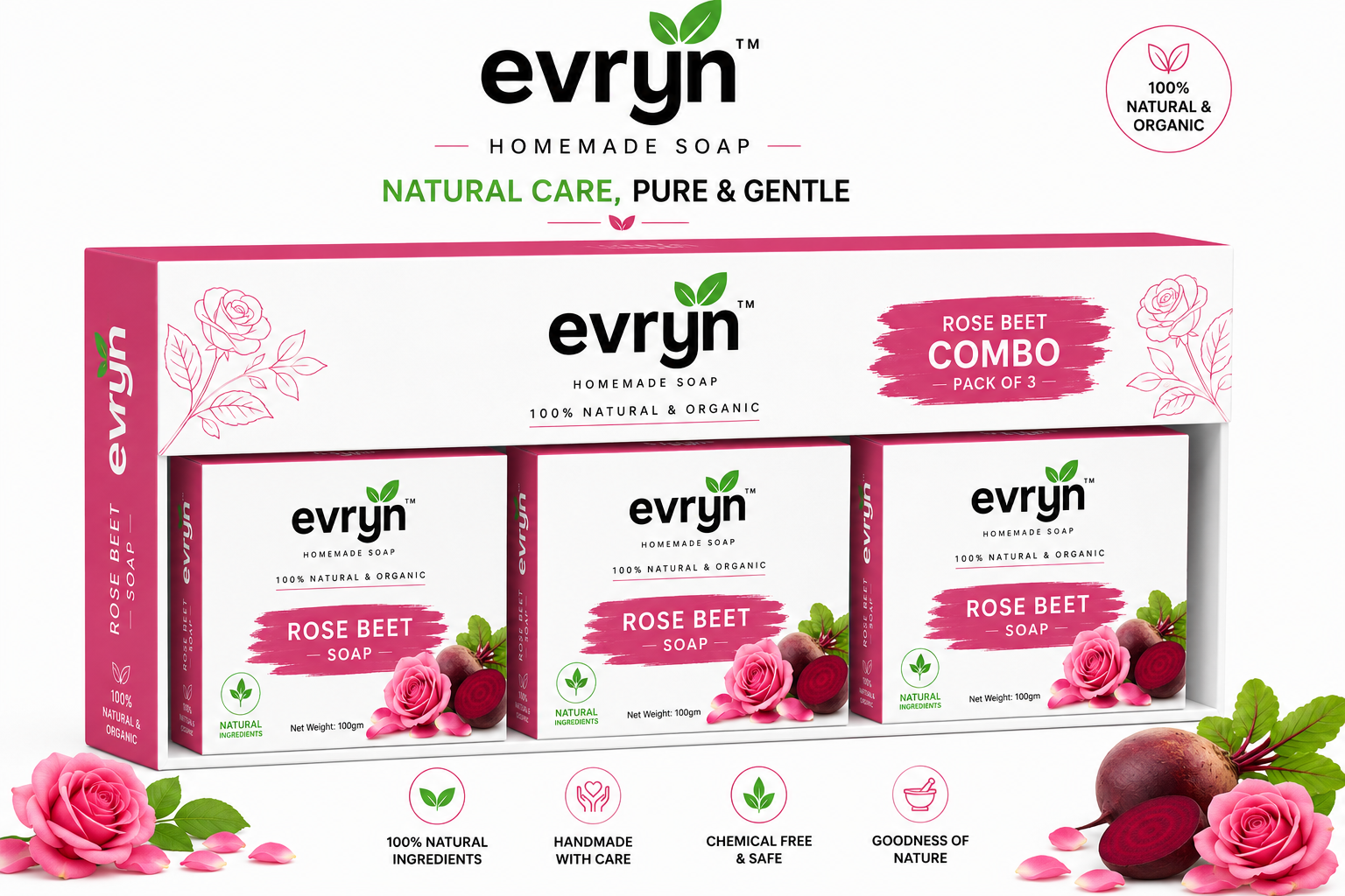 Combo of 3 - Rose Beet soap with Besan & Vitamin E
